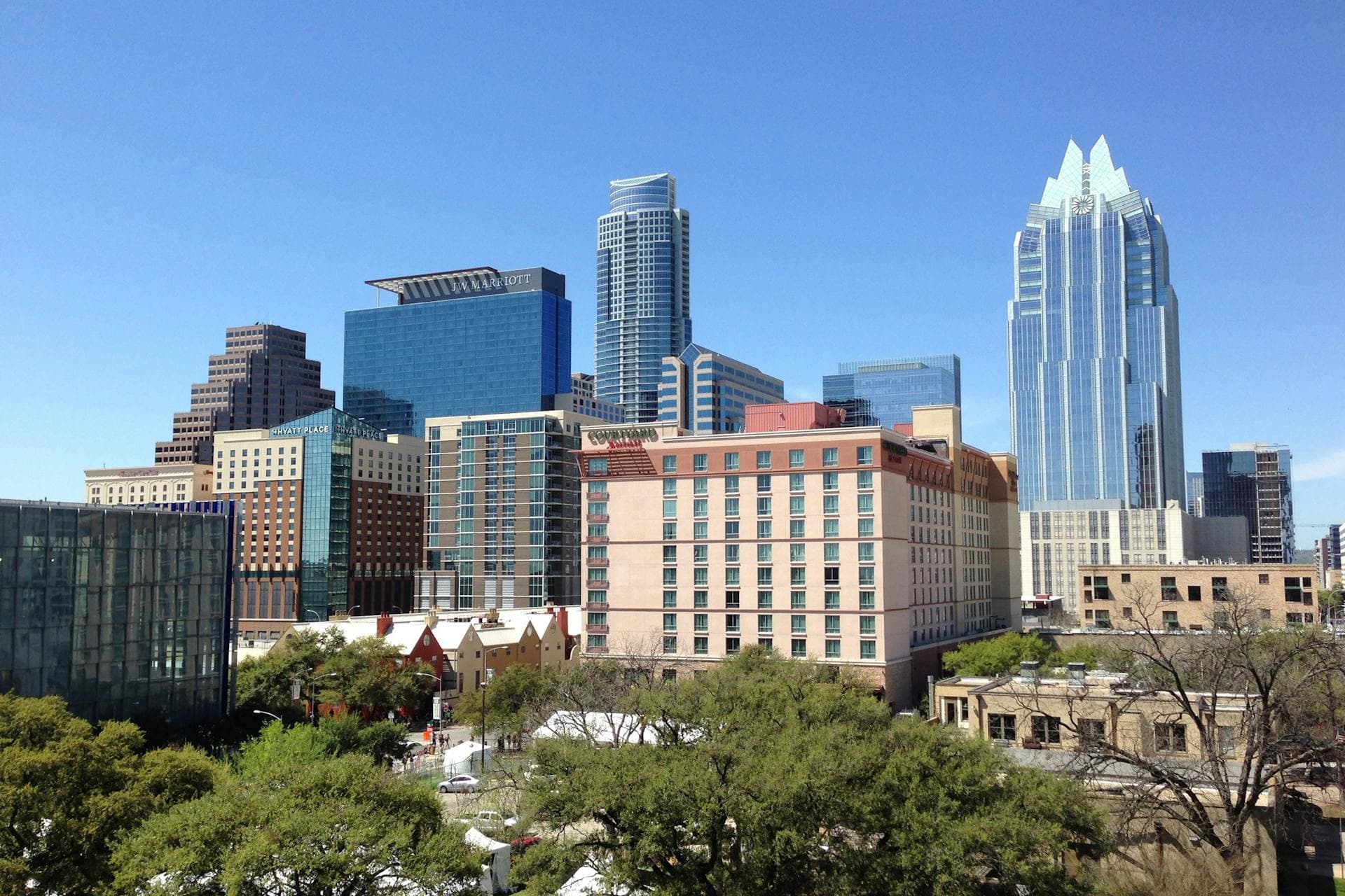 Austin Skyline with a focus on its modern architecture and the Colorado River